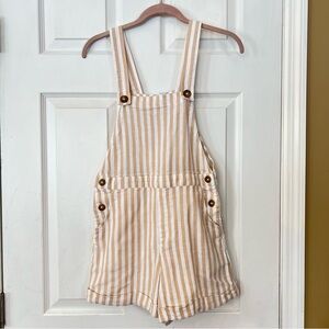 Hollister Overall Shorts Romper Women's Sz XS White Tan Stripe Linen Blend